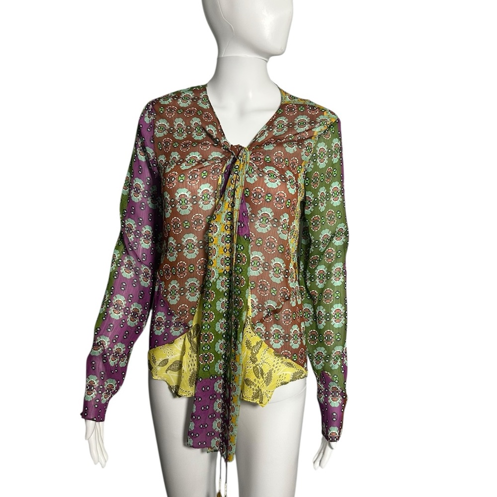 Zara Green and Purple Long Sleeve Tie Front Blouse